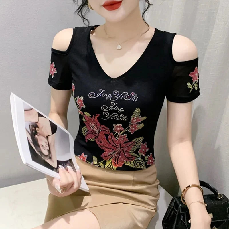 T-shirt Chic Butterfly Diamonds Mesh Women Tops