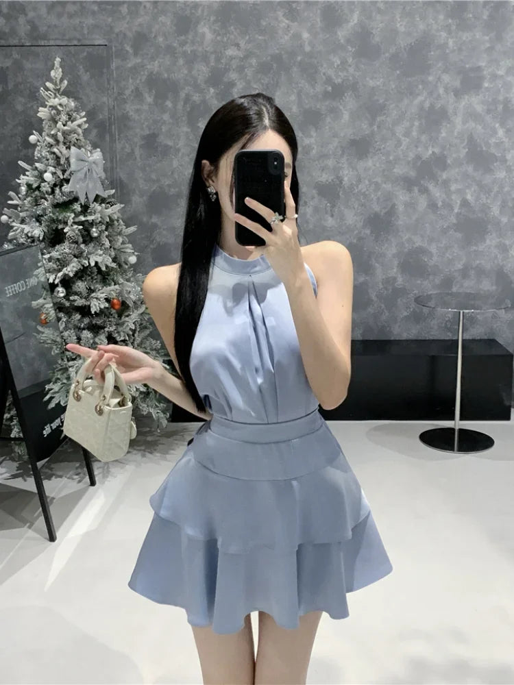 Two Piece Sleeveless Blouse High Waist Skirts