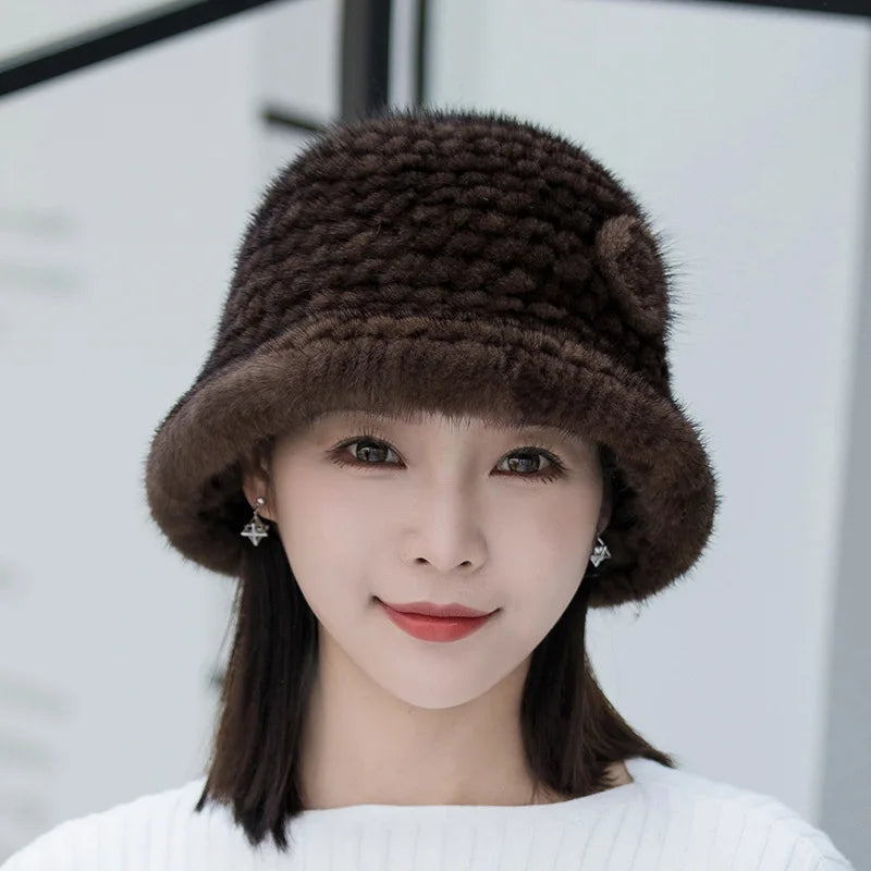 Flower Natural Mink Fur Soft Knitting Hats