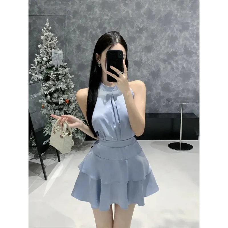 Two Piece Sleeveless Blouse High Waist Skirts