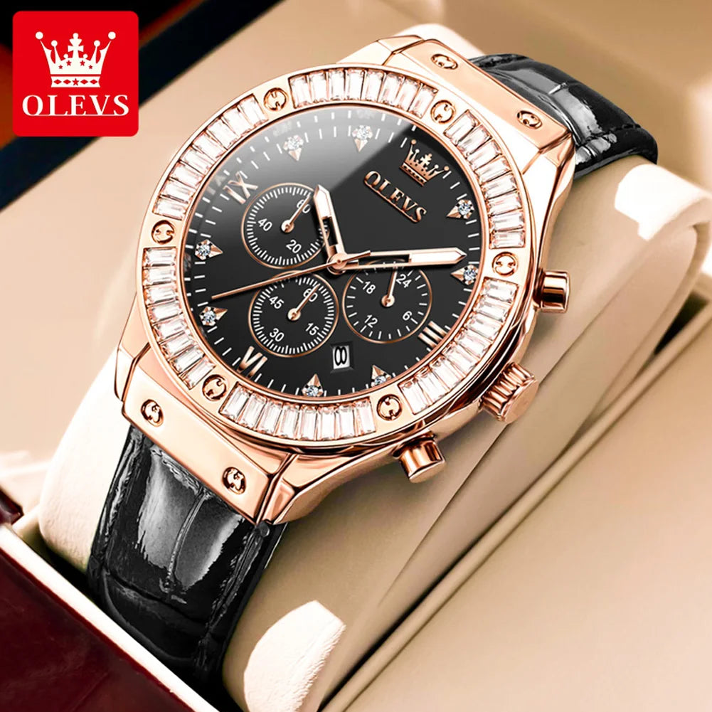 OLEVS Luxury Brand Multifunction Quartz Leather Strap Quartz