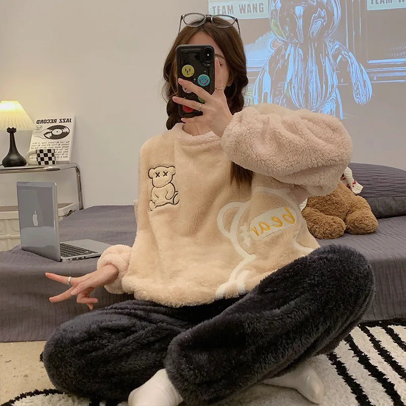 Warm Flannel Sleepwear Tops ,Trousers Loungewear Pajamas