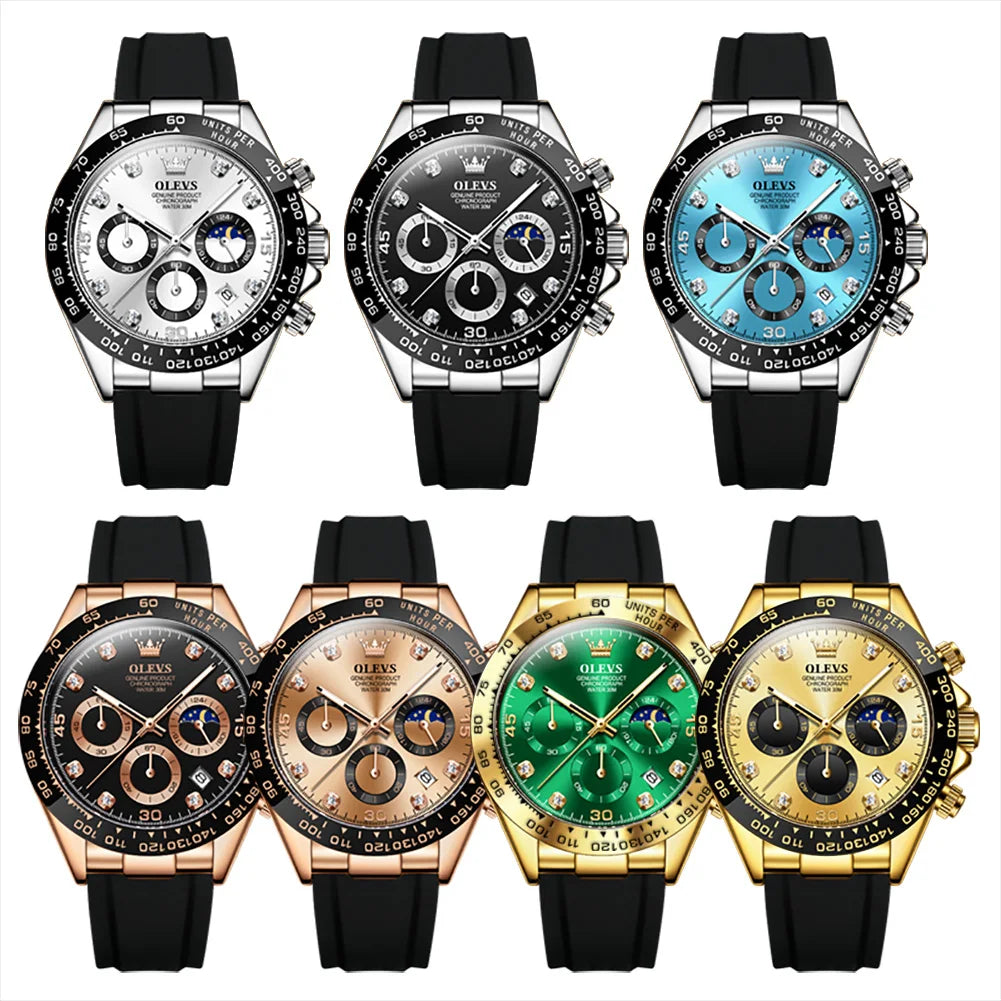 OLEVS Chronograph Analog Quartz Silicone Diamond Quartz