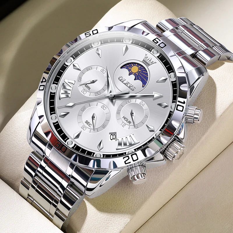 Quartz Watch Calendar Chronograph Stainless Steel Wristwatch