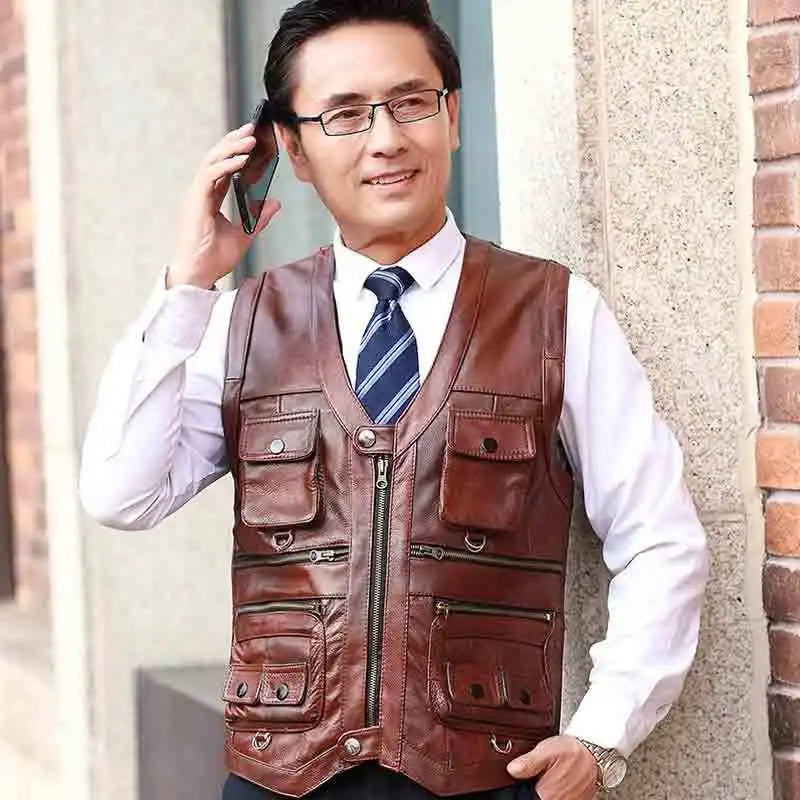 Cowhide Genuine Leather Jacket Pocket l vest