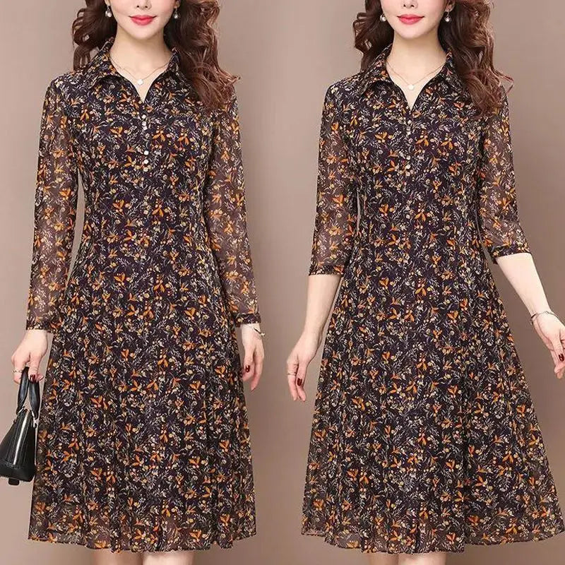 Long Sleeve Turndown Collar Summer Dress Robe