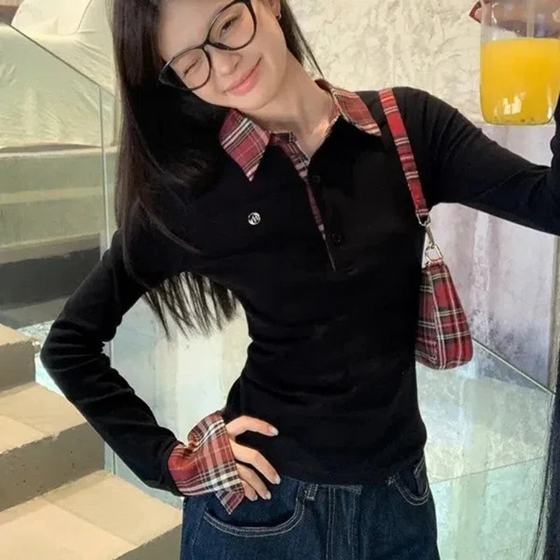 Plaid Patchwork Embroidery T Shirts Women Clothing