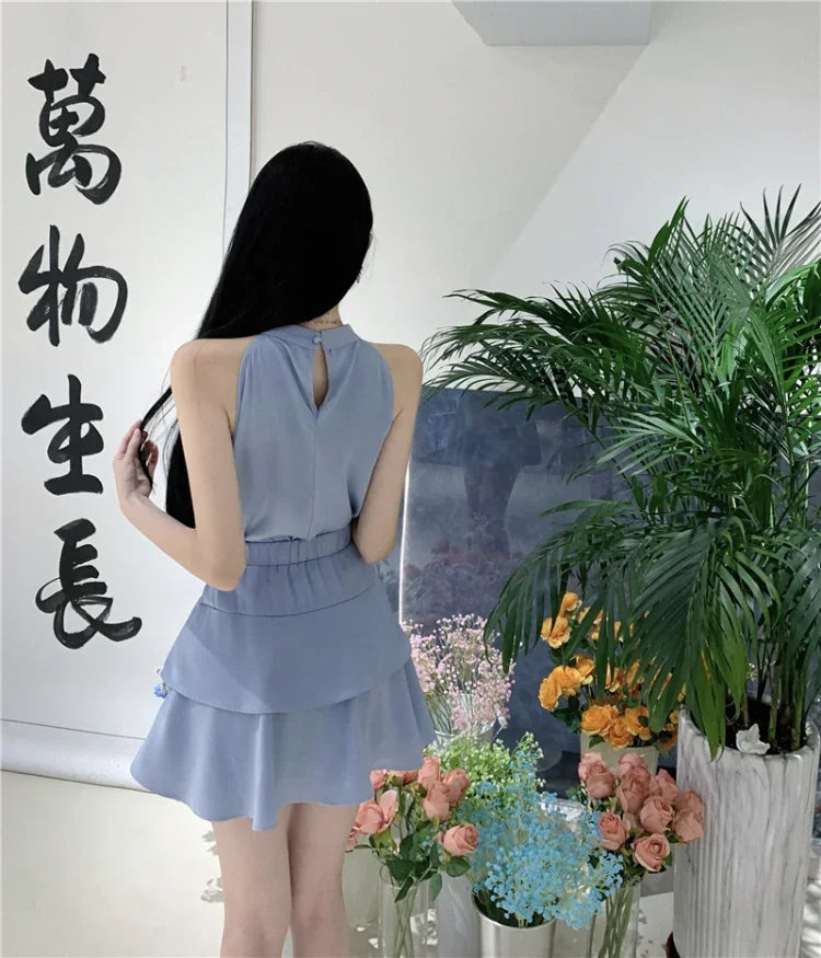 Two Piece Sleeveless Blouse High Waist Skirts