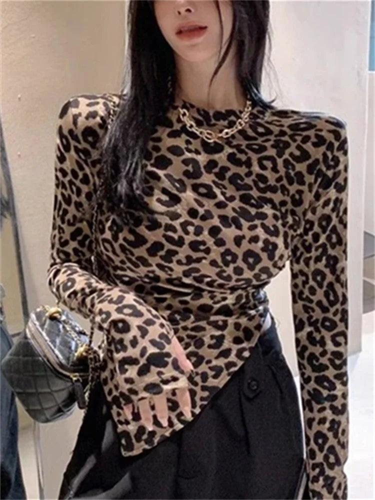 Leopard Print Long Sleeve Slim Tee Shirts