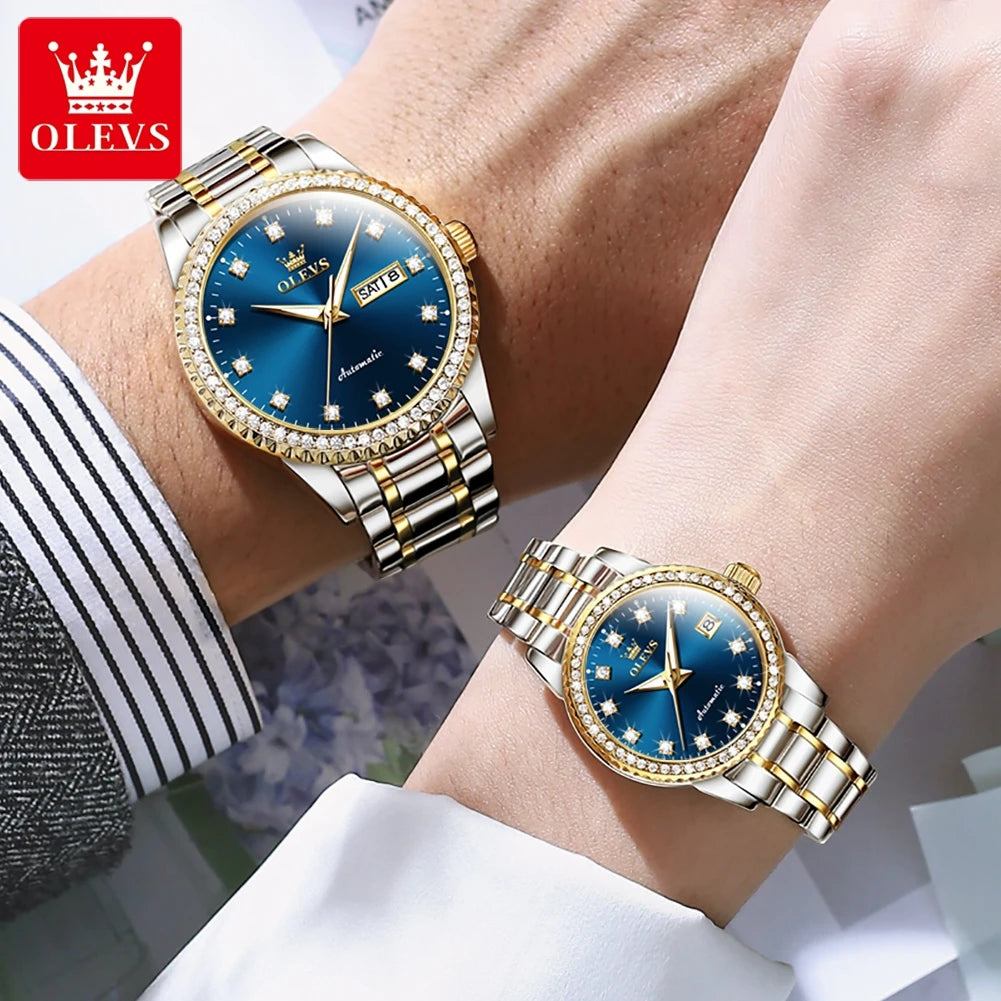 OLEVS Automatic Diamond Gold Stainless steel Self-Winding Set
