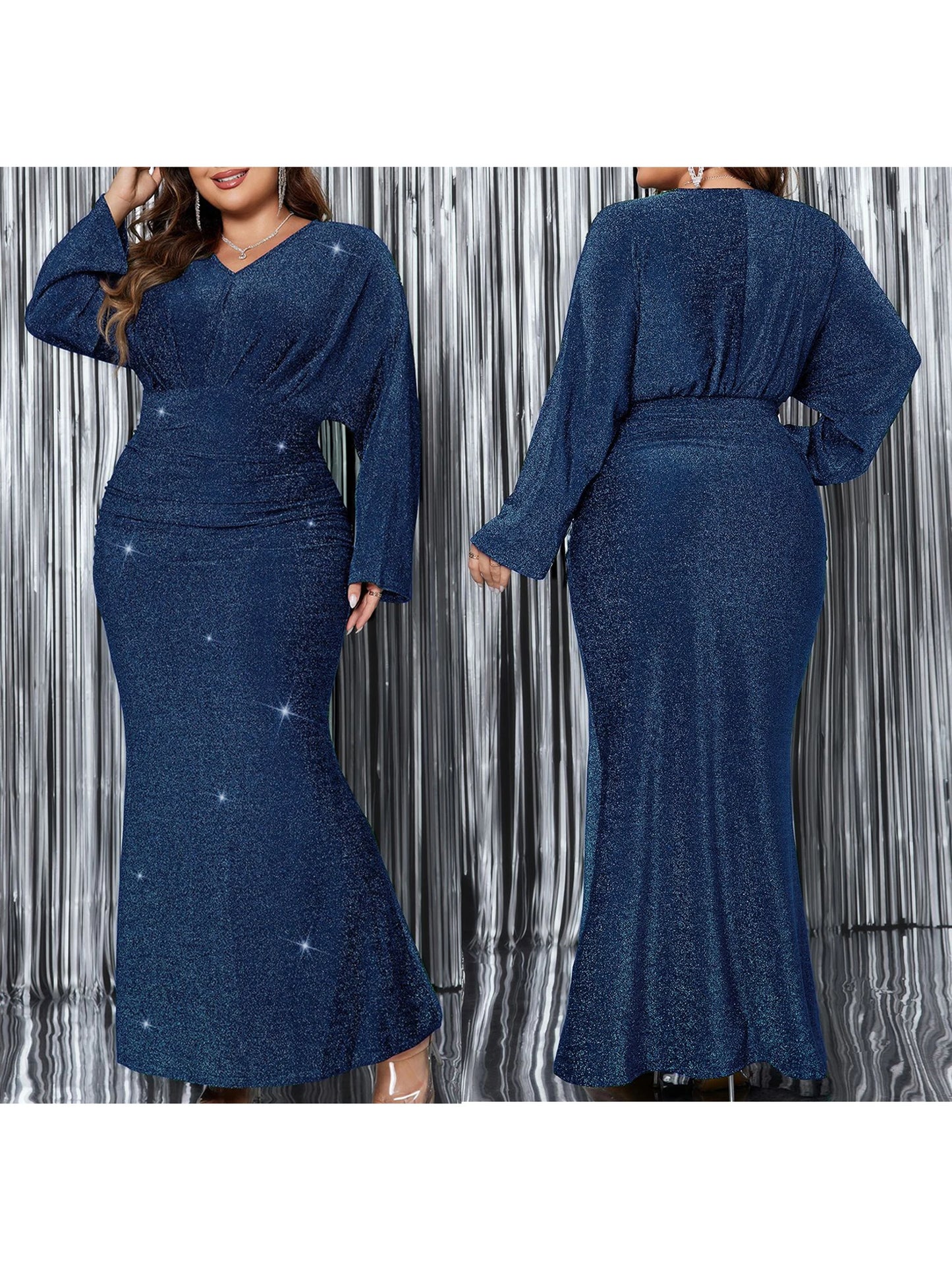 Plus Size V-Neck Long Sleeves Formal Dress
