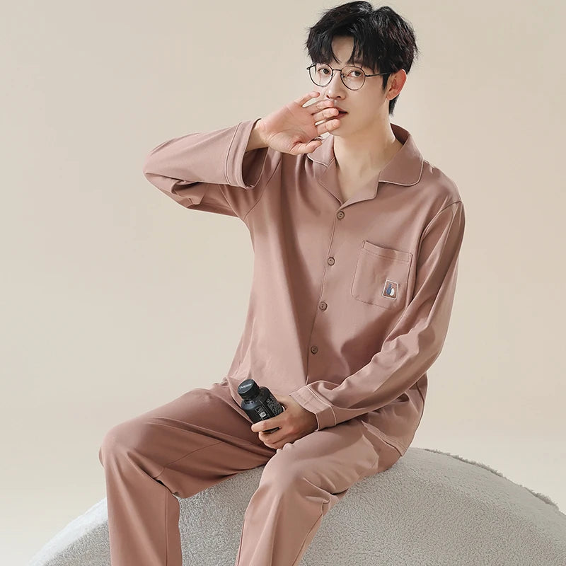 Casual Cotton Gentleman Turn-down Collar Sleepwear