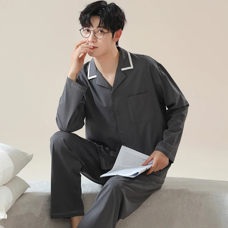 Casual Cotton Gentleman Turn-down Collar Sleepwear
