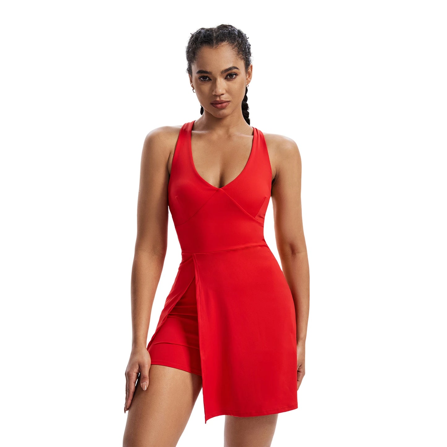V Neck  Pocket Underneath Workout Dress Built-in Shorts