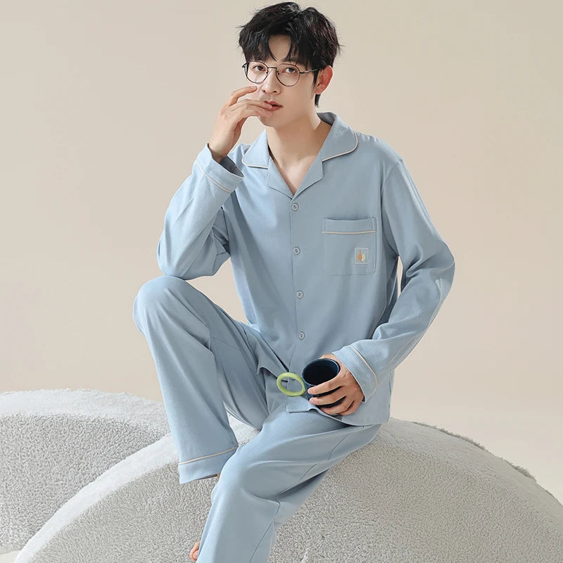 Casual Cotton Gentleman Turn-down Collar Sleepwear