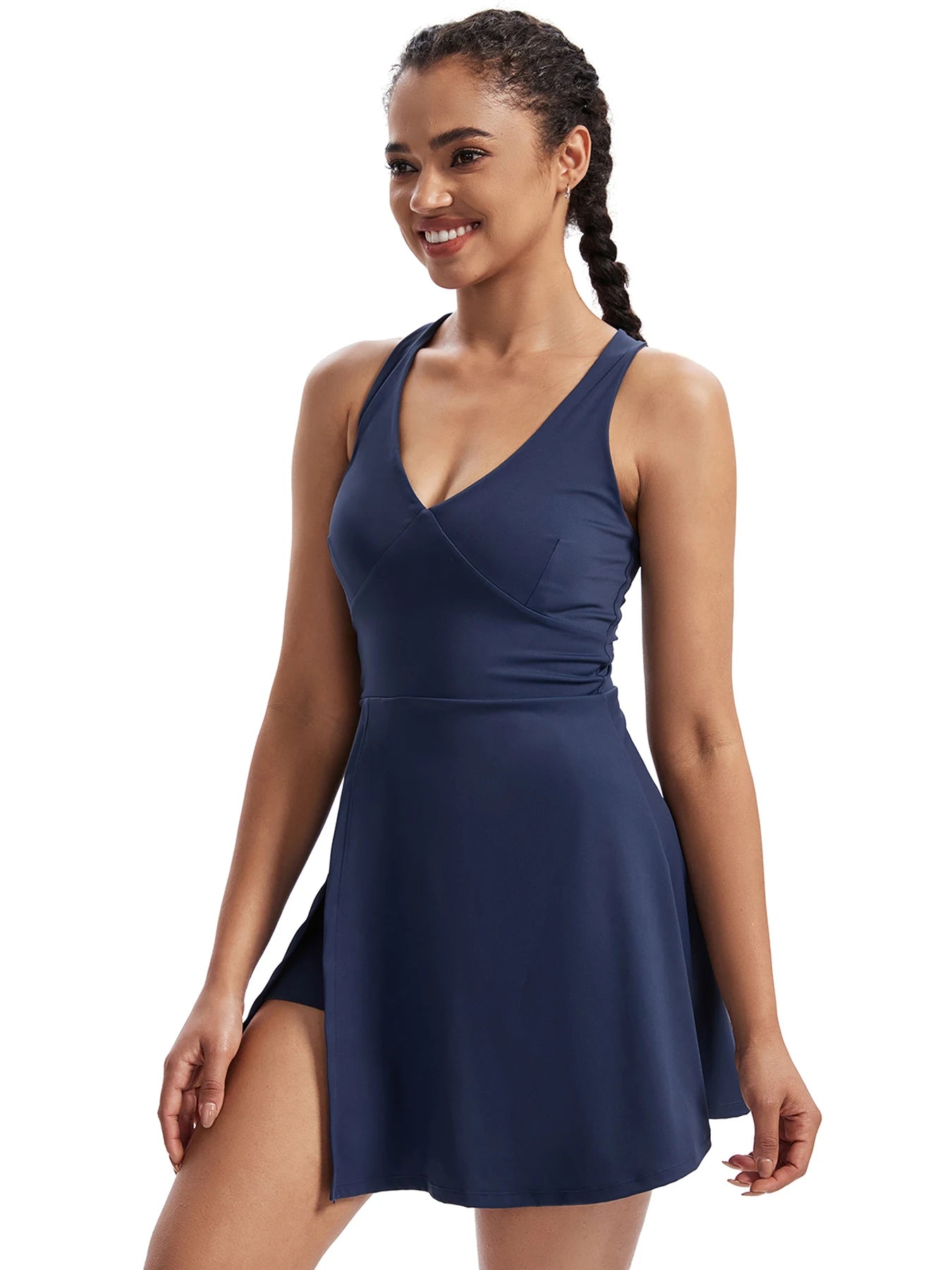 V Neck  Pocket Underneath Workout Dress Built-in Shorts