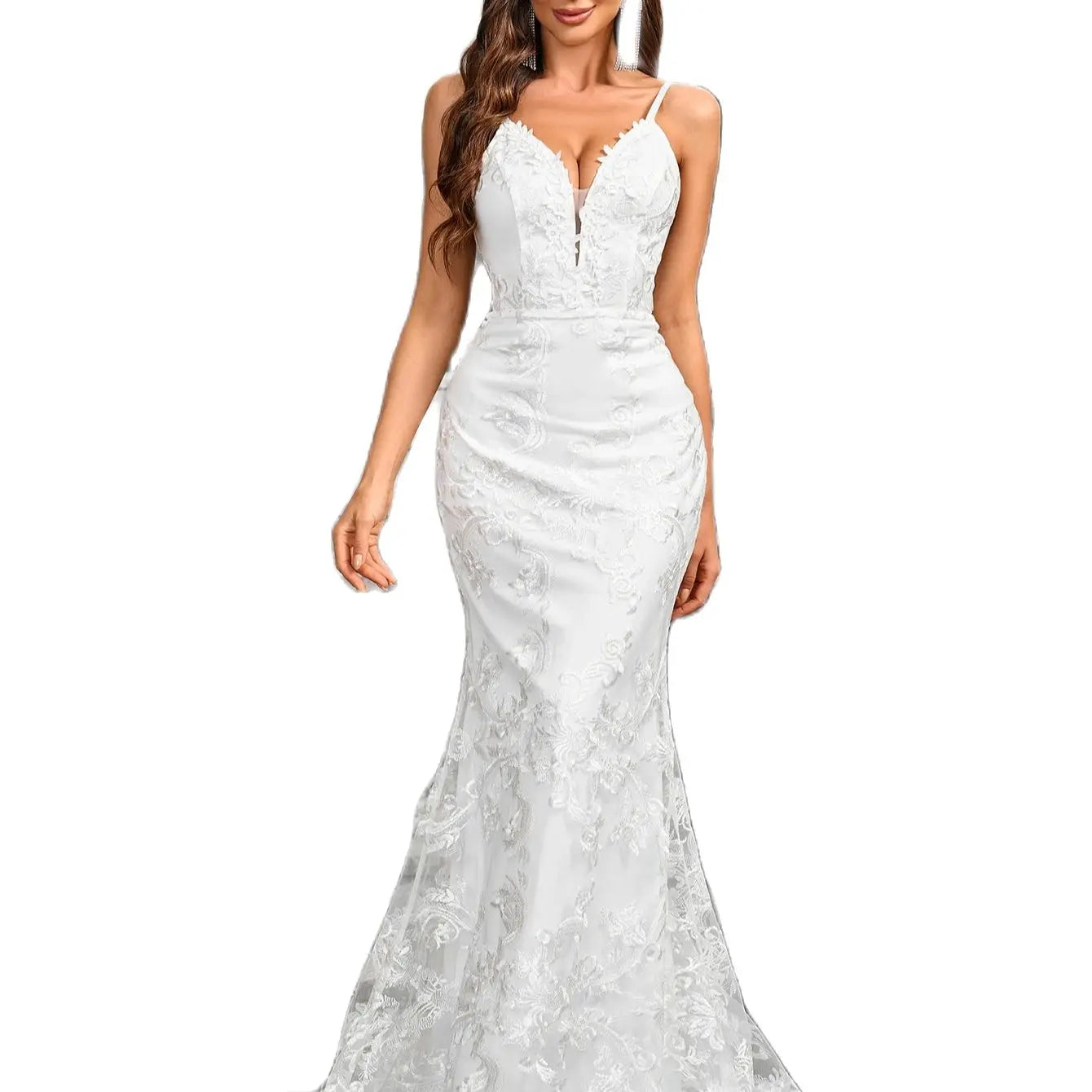Ladies Sleeveless V-neck White Wedding Dress  Gown