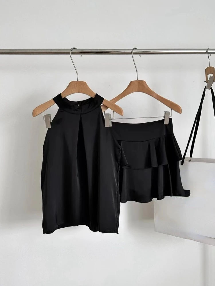 Two Piece  Sleeveless Blouse High Waist Skirts