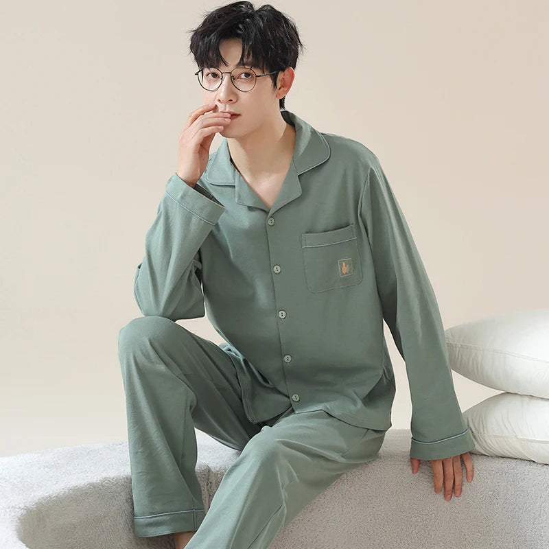 Casual Cotton Gentleman Turn-down Collar Sleepwear