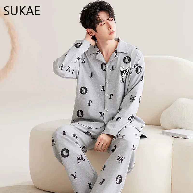 Casual Cotton Gentleman Turn-down Collar Sleepwear