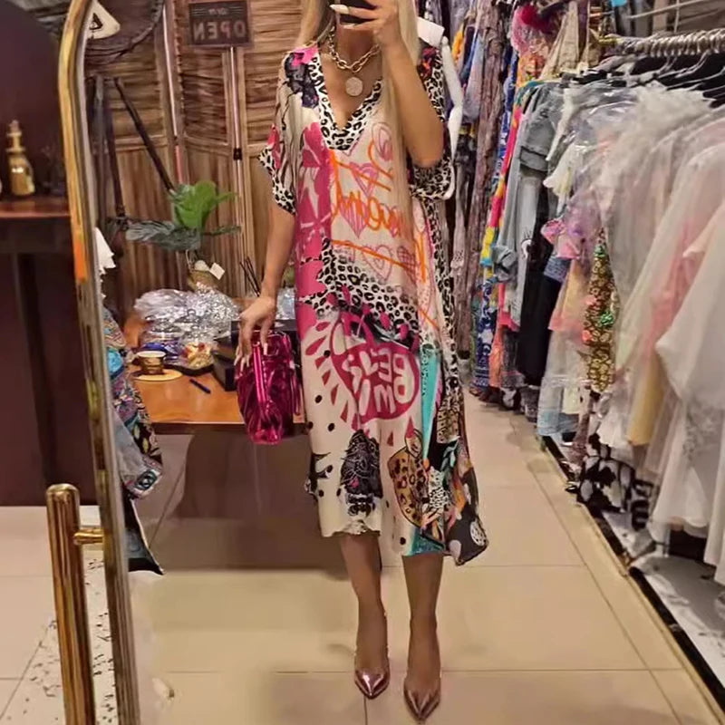 Casual V Neck Loose Long Dresses for Women Spring Leopard Colorful Printed A-Line Party Dress Autumn Half Sleeve Female Clothing