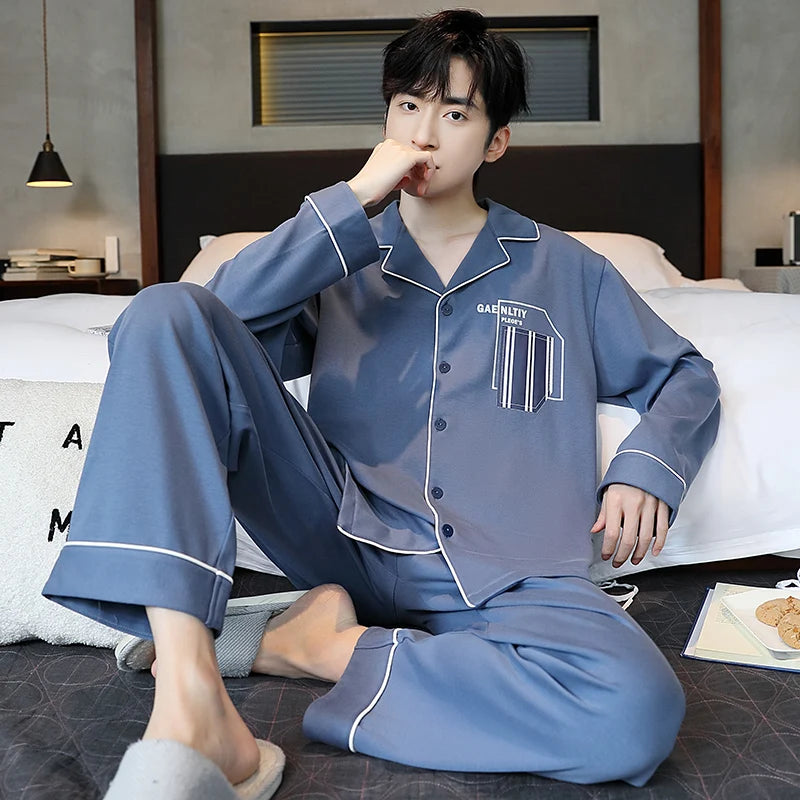 Casual Cotton Gentleman Turn-down Collar Sleepwear