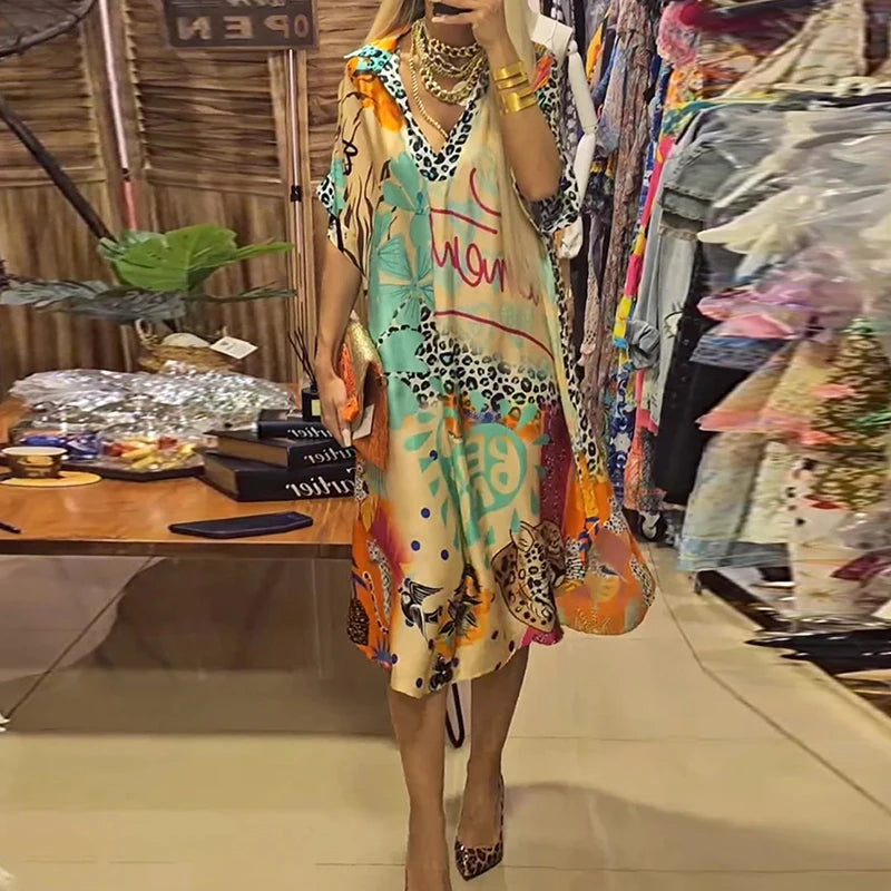 Casual V Neck Loose Long Dresses for Women Spring Leopard Colorful Printed A-Line Party Dress Autumn Half Sleeve Female Clothing