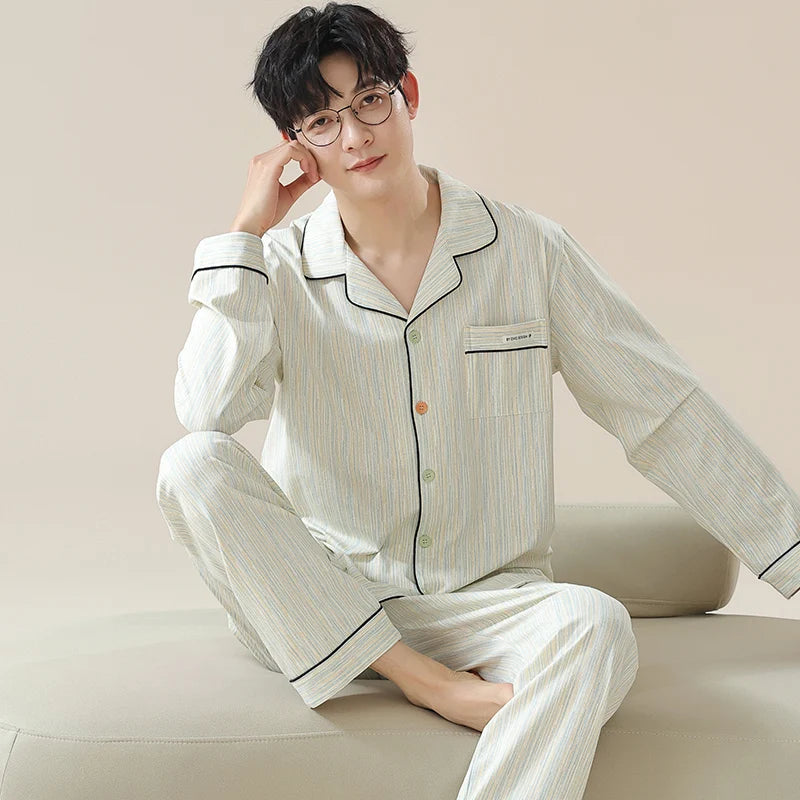 Casual Cotton Gentleman Turn-down Collar Sleepwear
