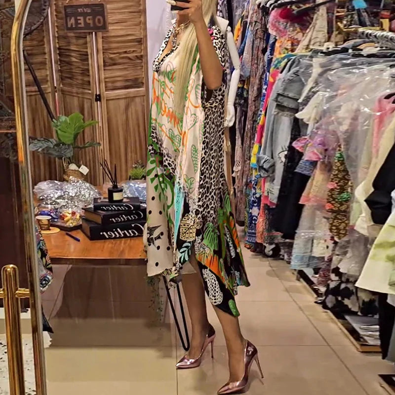 Casual V Neck Loose Long Dresses for Women Spring Leopard Colorful Printed A-Line Party Dress Autumn Half Sleeve Female Clothing