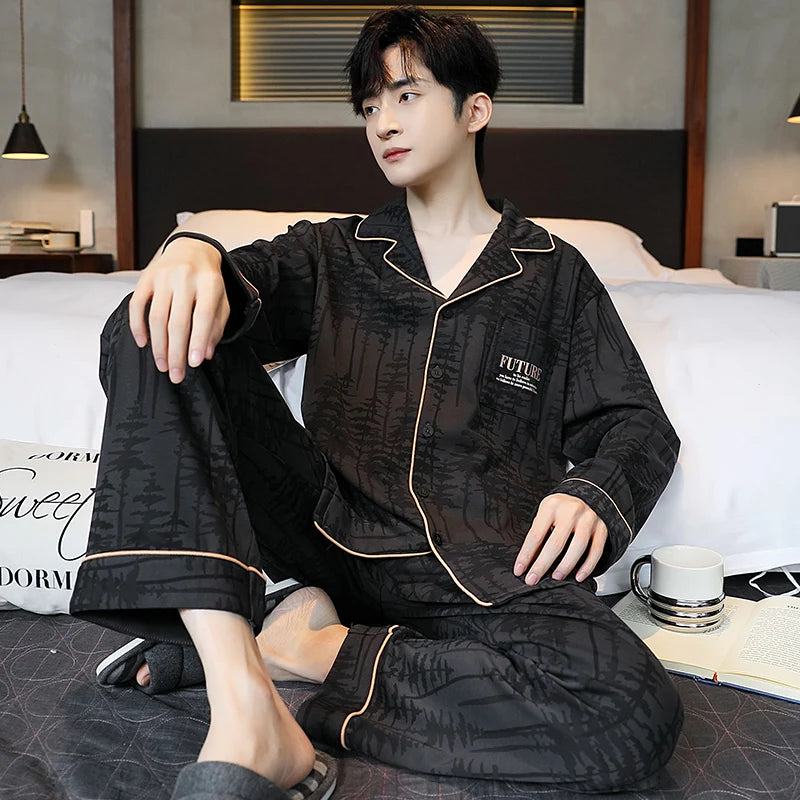 Casual Cotton Gentleman Turn-down Collar Sleepwear