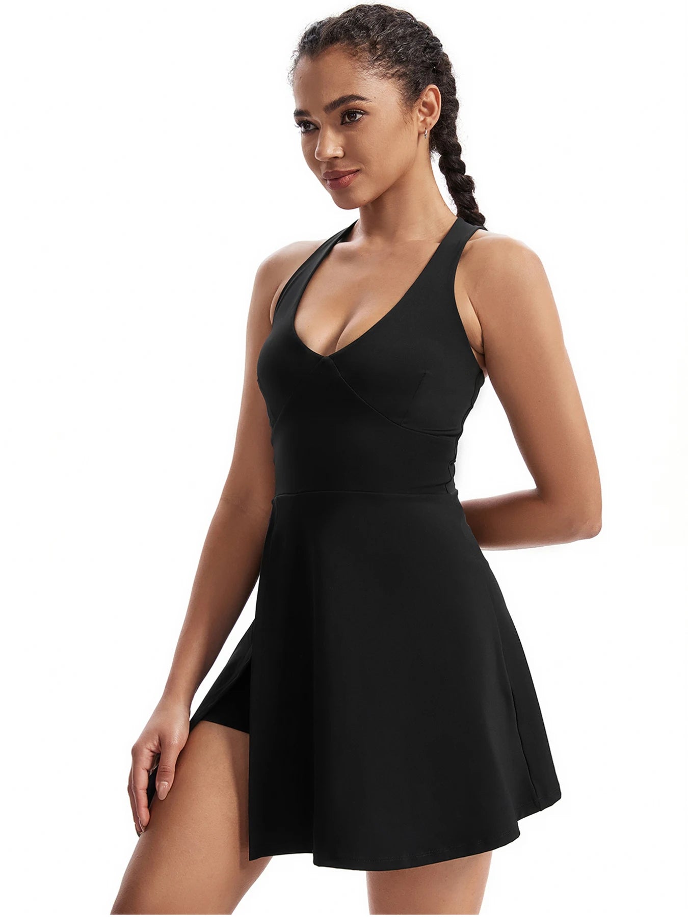 V Neck  Pocket Underneath Workout Dress Built-in Shorts